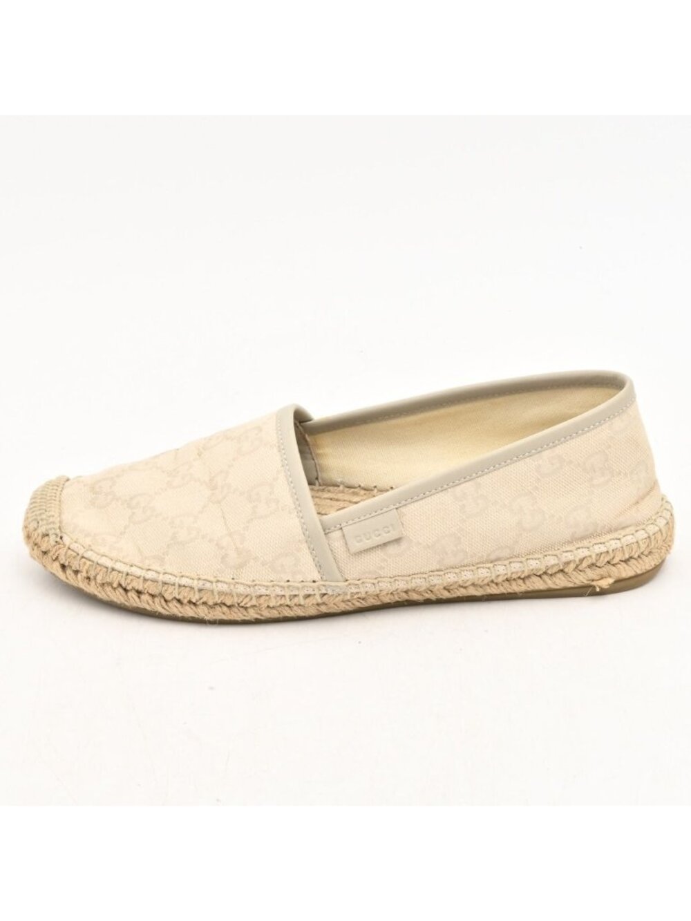 Gucci Shoes Ivory Light Gray Beige GG Pattern Espadrilles Linen Leather